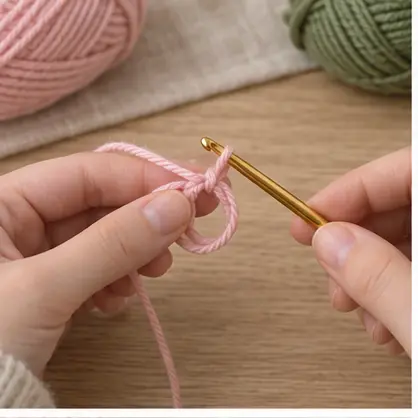 Blush yarn magic ring beginning a crochet tulip