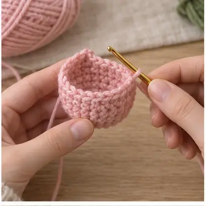 Blush crochet flower cup growing in continuous rounds