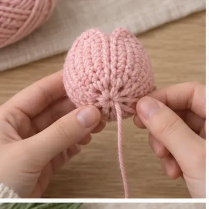 Closing the base of a stuffed crochet tulip flower