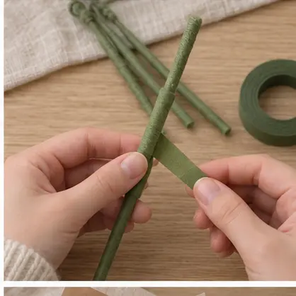 Flexible tulip stem being completely wrapped in green tape