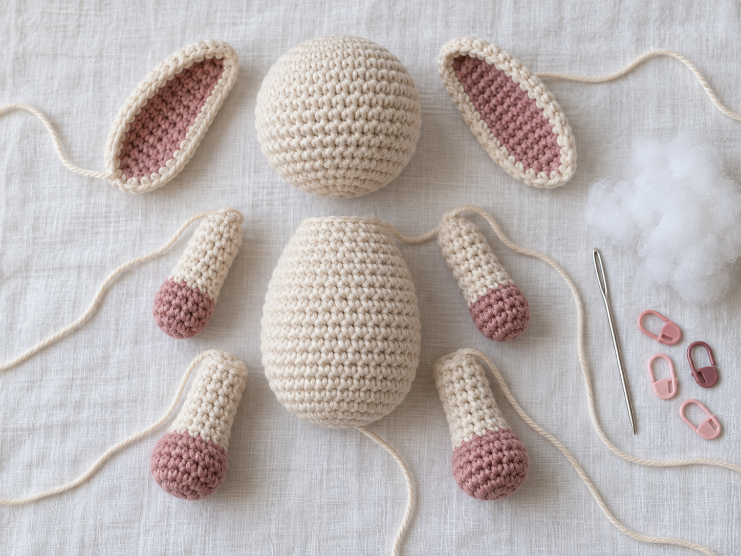 Crochet animal parts ready for assembly