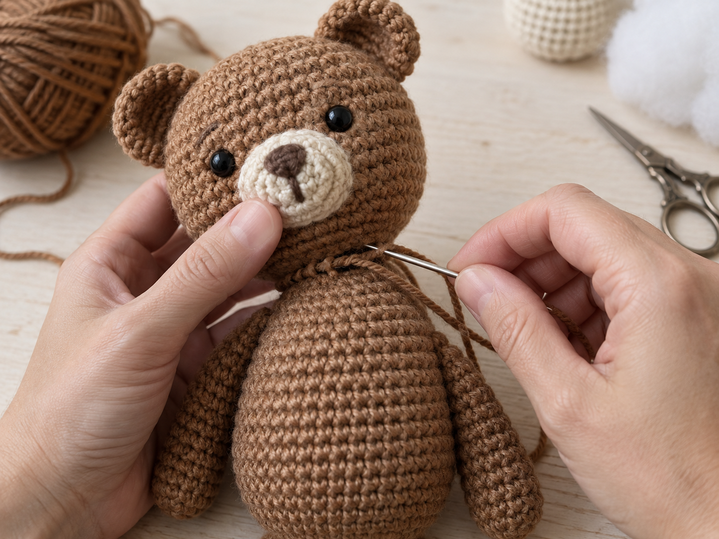 Crochet bear parts during assembly