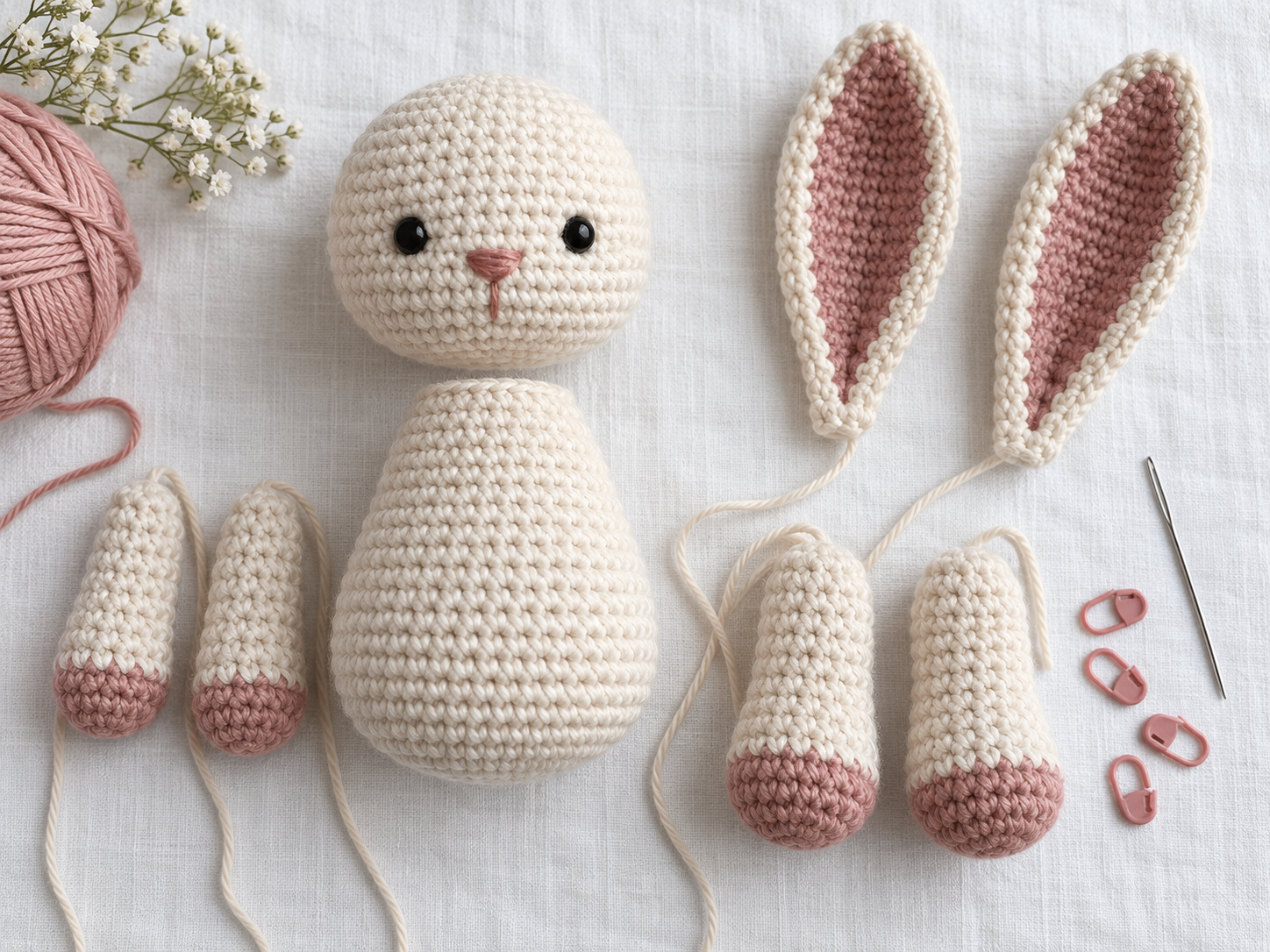 Bunny crochet parts ready for assembly