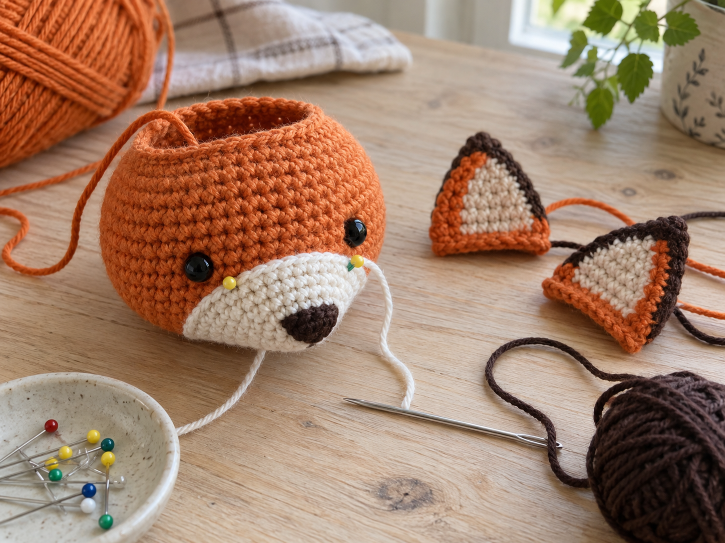 Close view of a crochet fox head showing centered facial placement