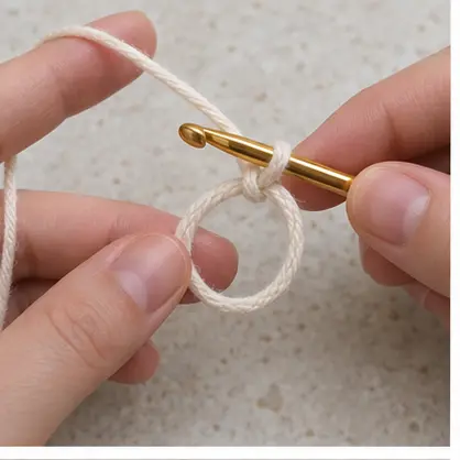 Cream cotton yarn loop forming a magic ring for a crochet coaster