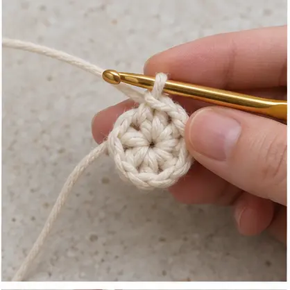 Six cream single crochet stitches worked into a magic ring