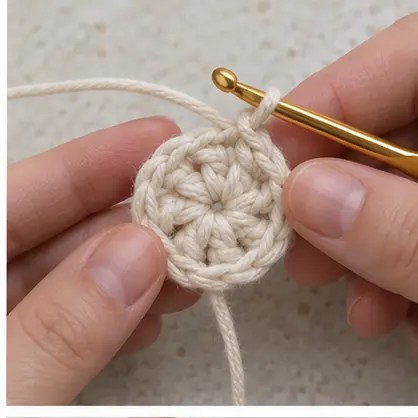 First increase round of a cream crochet coaster