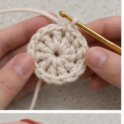 Crocheting the third round of a flat cream coaster