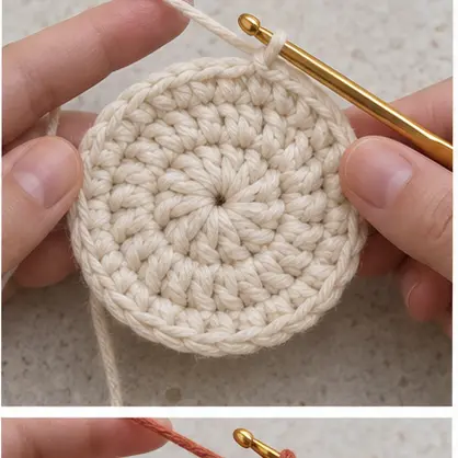 Growing cream crochet coaster lying flat between two hands