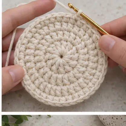 Final cream round of an easy round crochet coaster