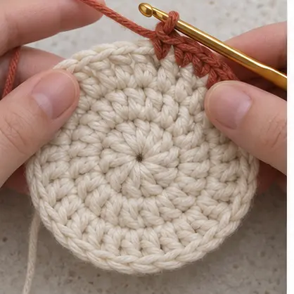 Terracotta border being crocheted around a cream coaster