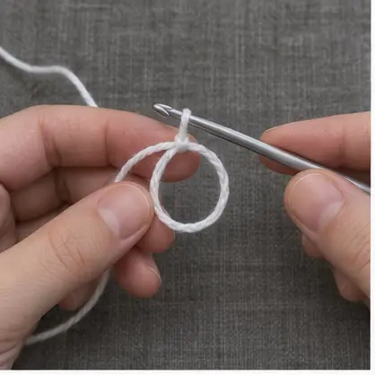 White yarn magic ring for a crochet ghost