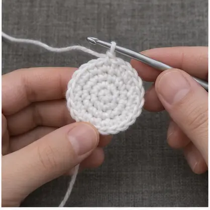 Flat white crochet crown circle growing from a magic ring