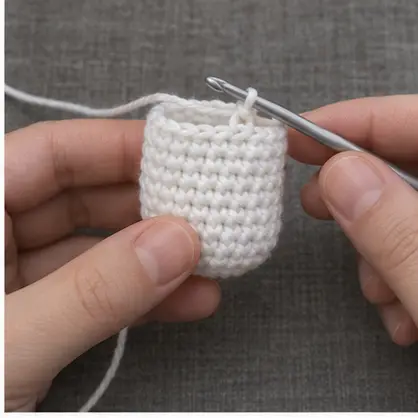 White crochet ghost head worked into a short cylinder