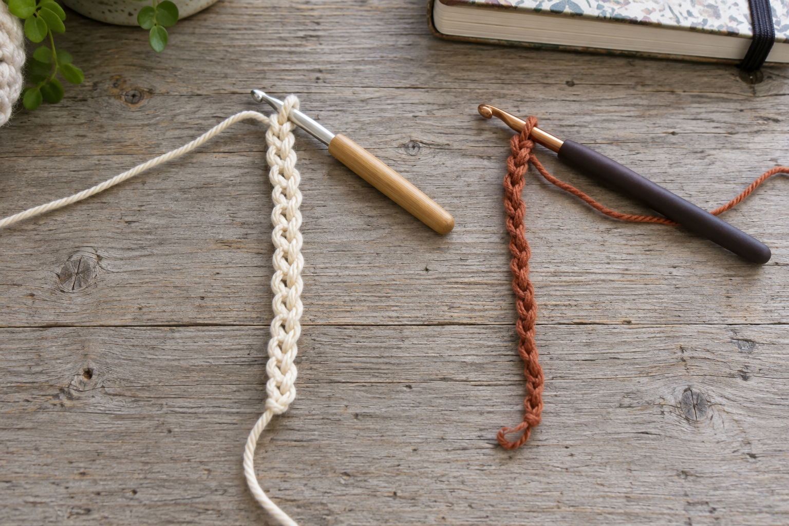 Two crochet practice chains showing relaxed and tighter chain tension