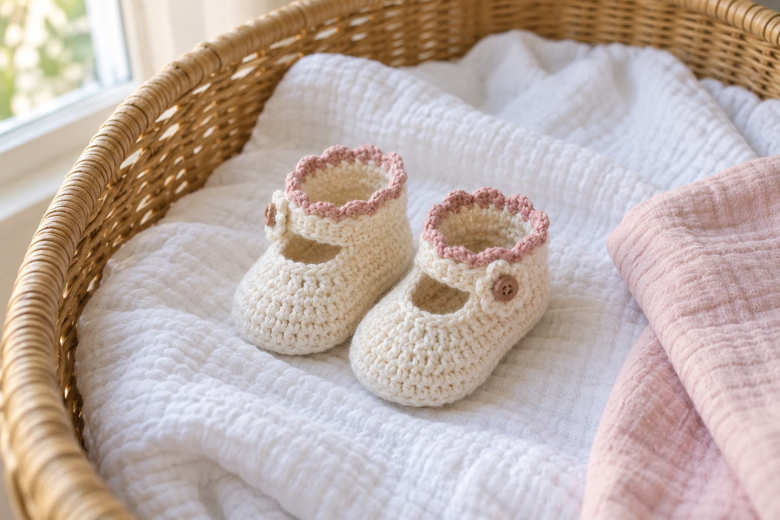 Crochet baby booties for a baby shower