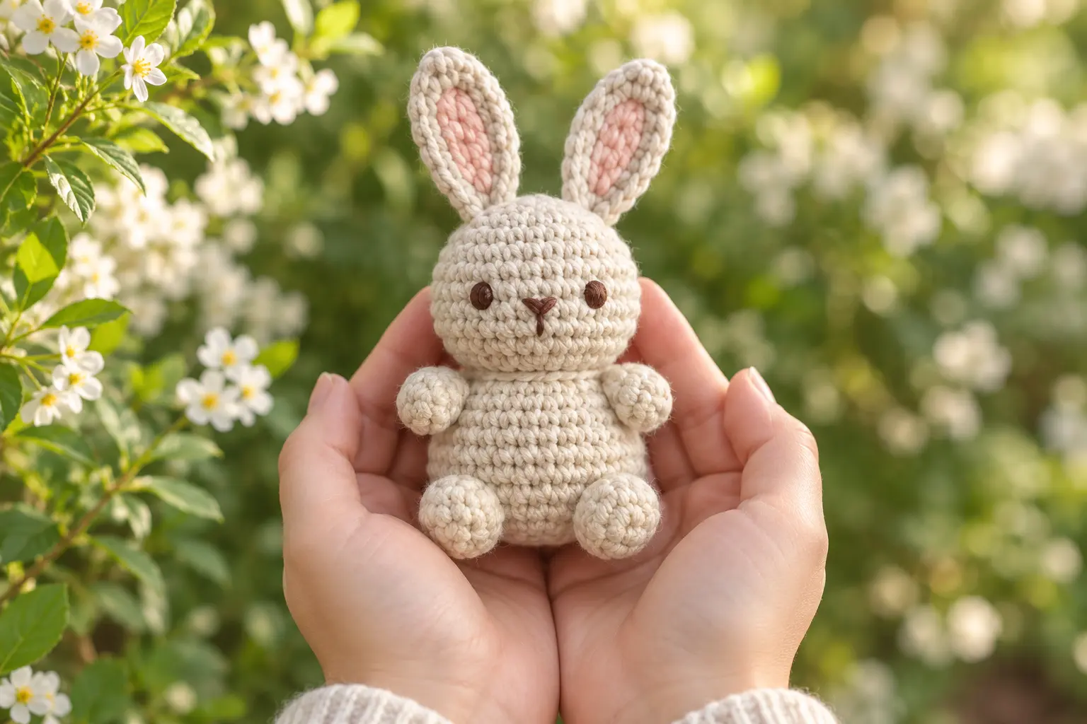 Finished no-sew crochet bunny held in two hands in a spring garden