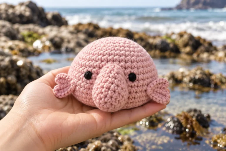 Dusty pink crochet blobfish with a drooping nose and small fins