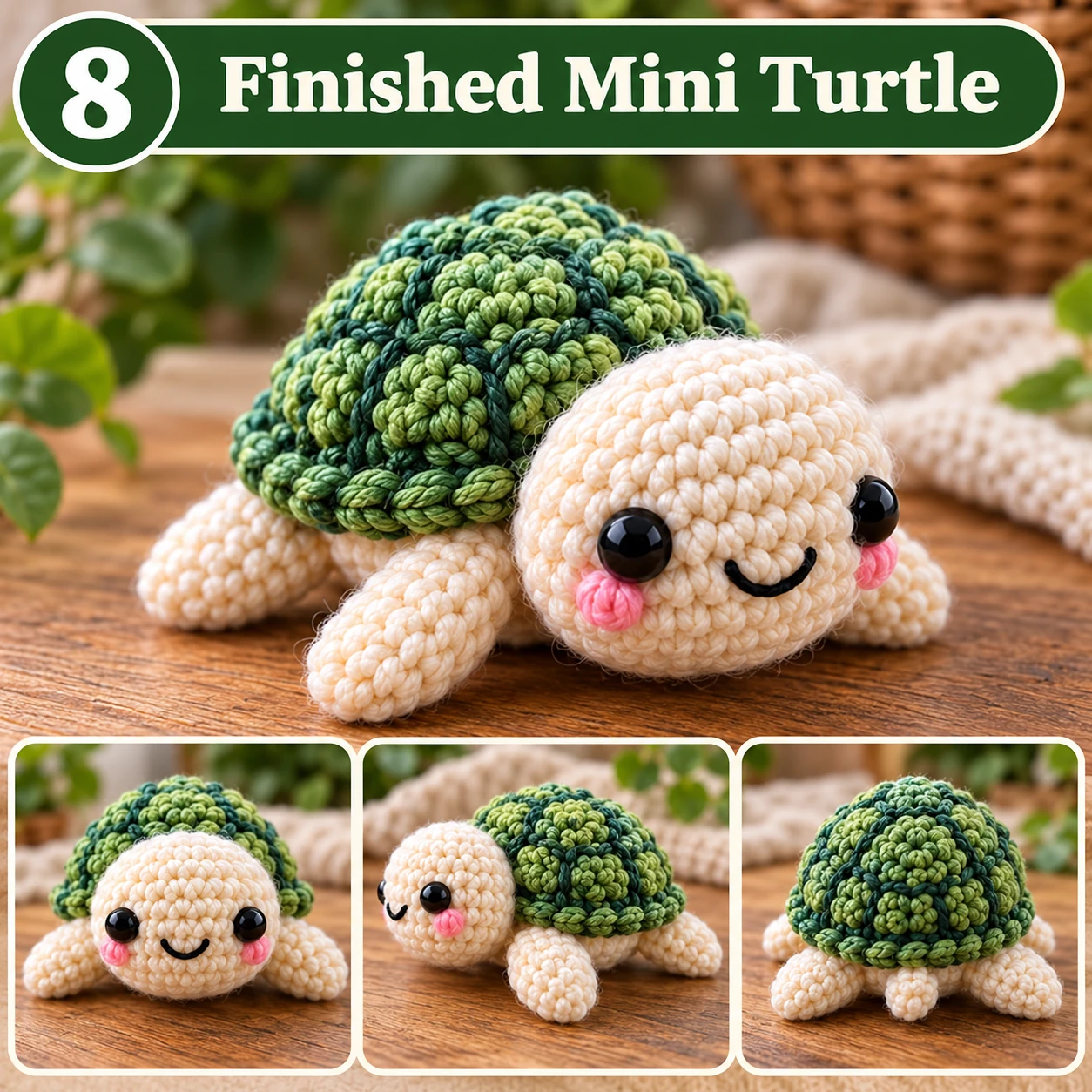Finished mini crochet turtle amigurumi with green shell and cream body