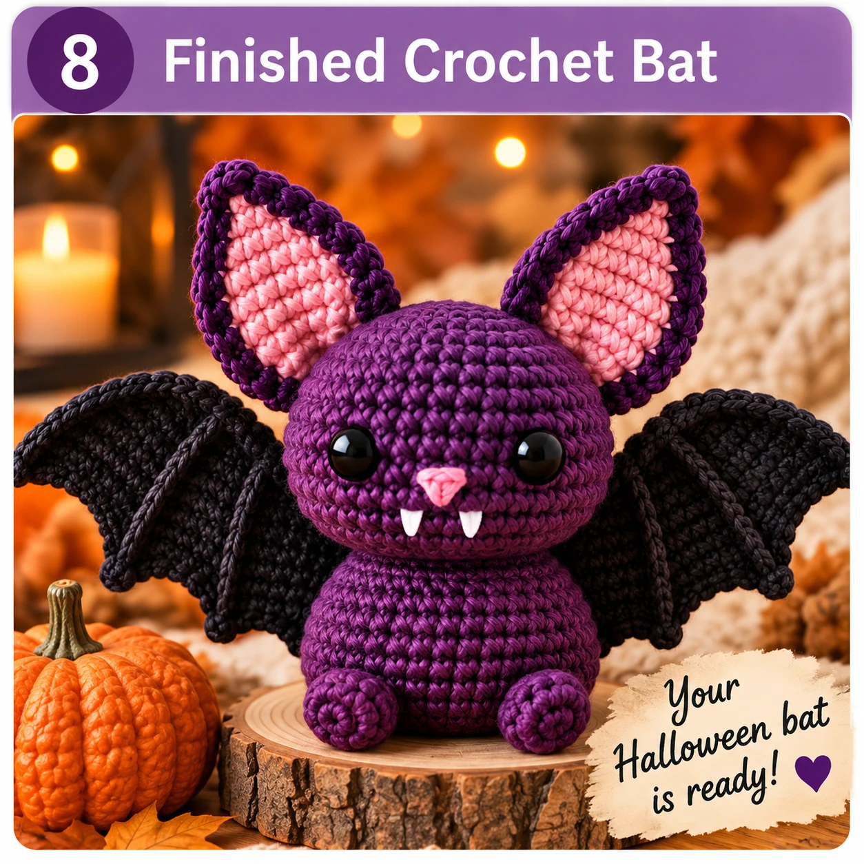 Finished purple crochet bat amigurumi with black wings for Halloween