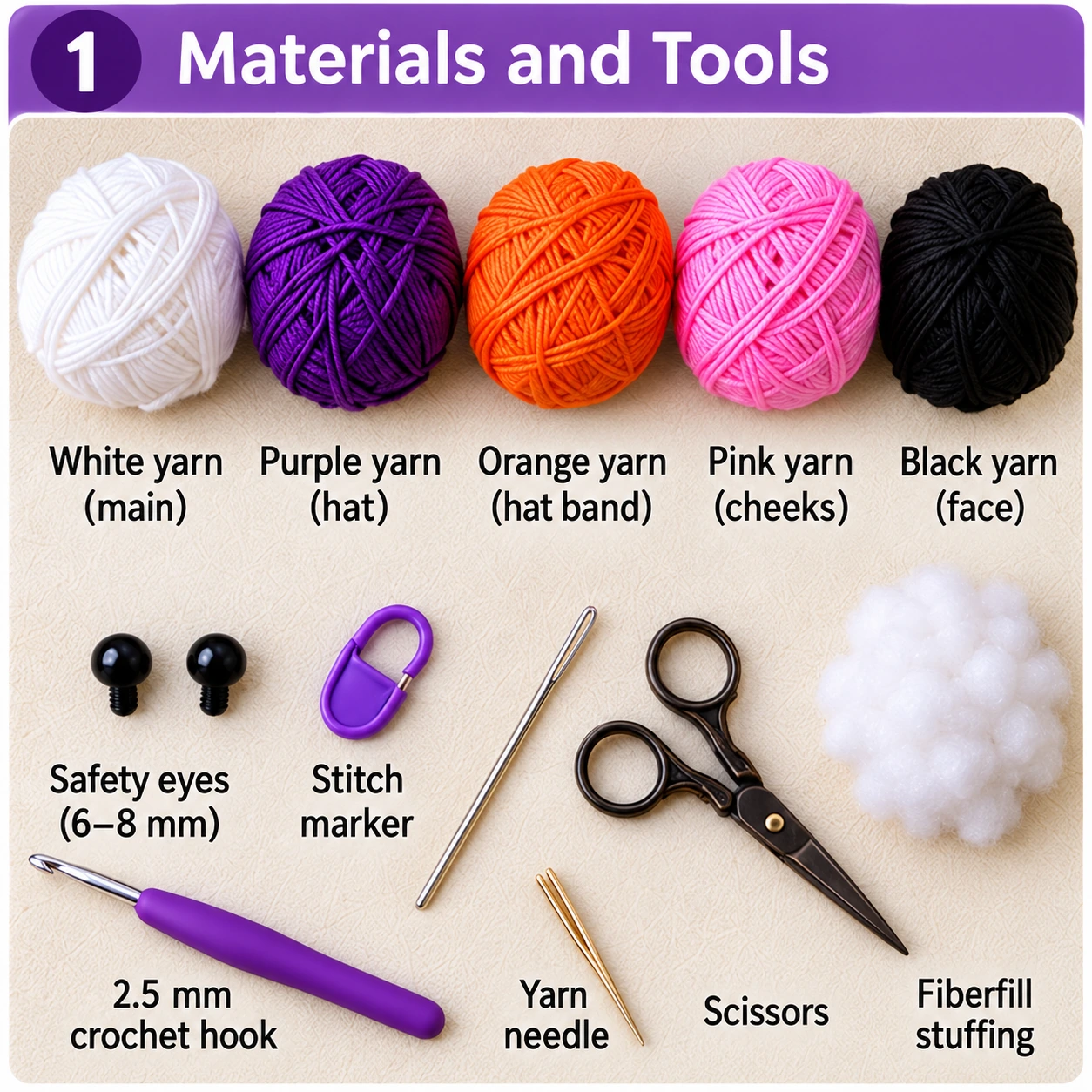 Materials and tools for the easy no-sew witch ghost crochet pattern