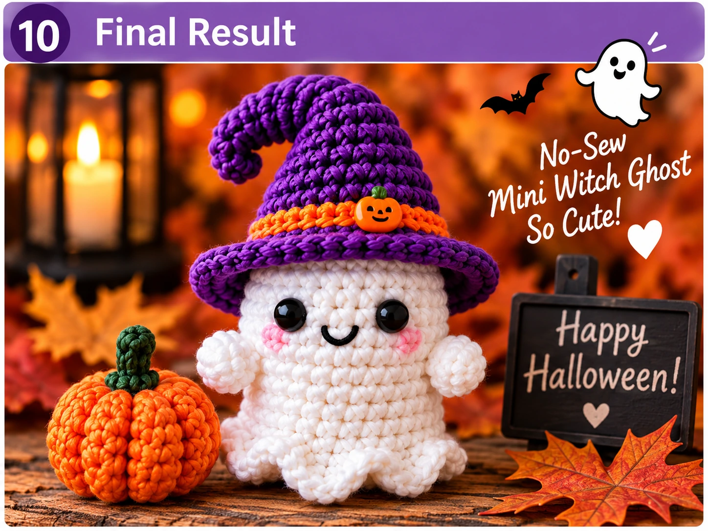 Finished mini no-sew witch ghost crochet amigurumi for Halloween