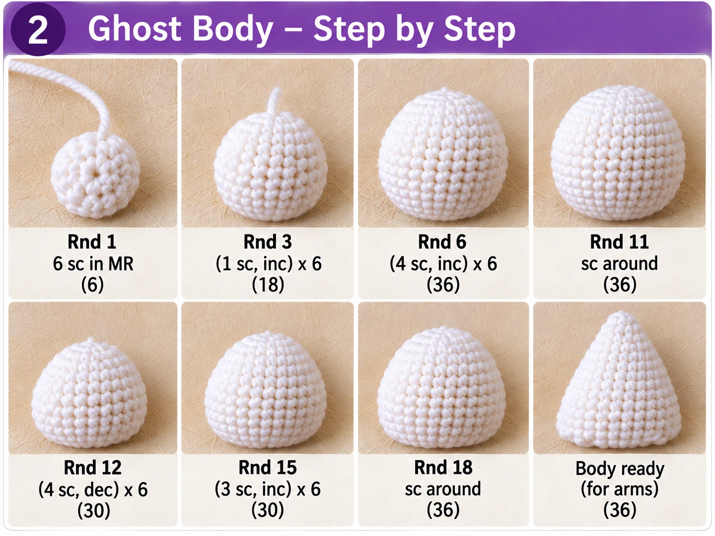 Crochet ghost body step by step from magic ring to body shaping