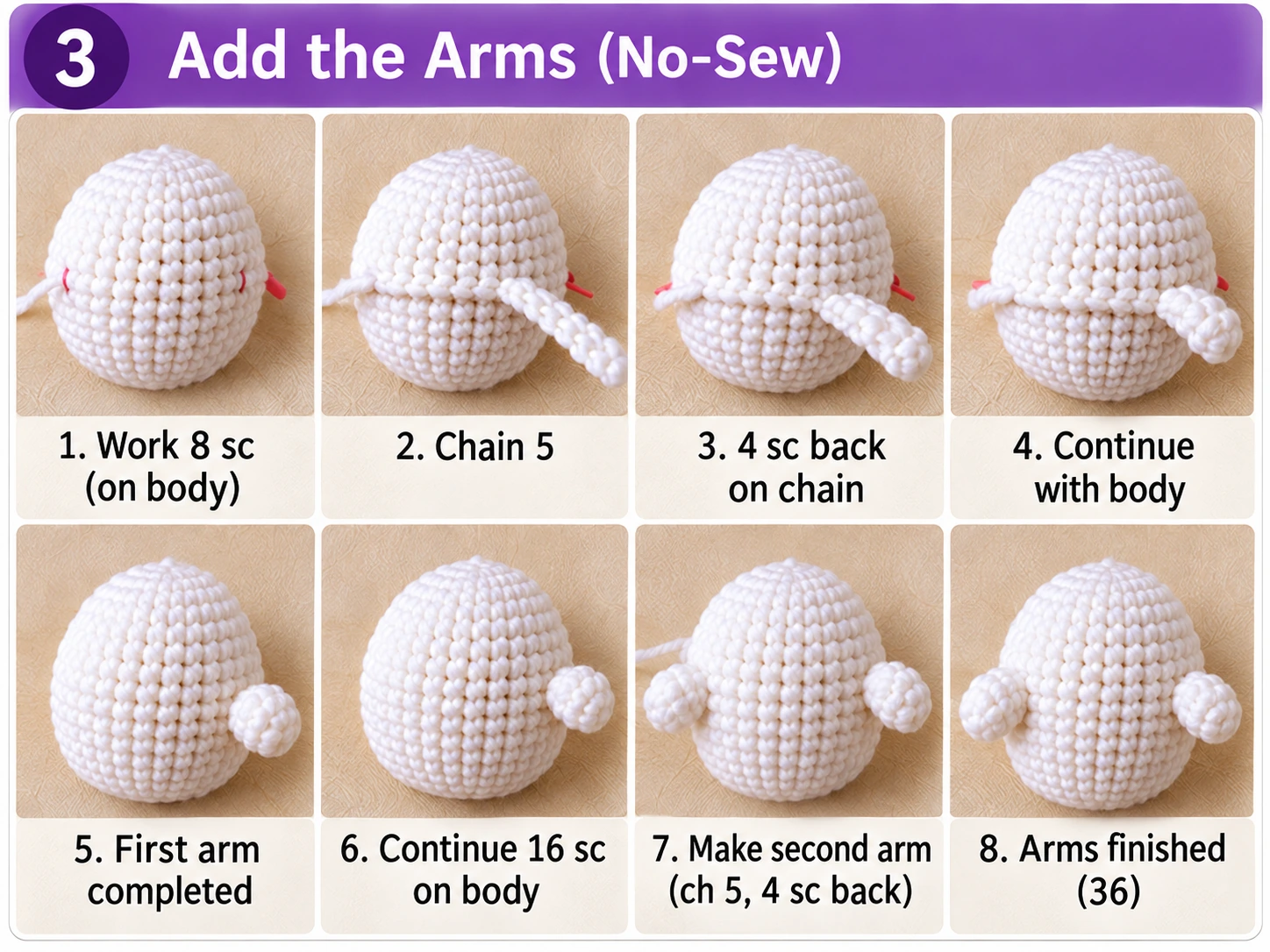 How to add no-sew crochet arms directly to the ghost body