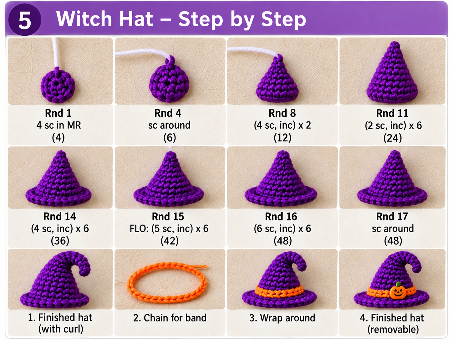 Crochet witch hat step by step with purple yarn and orange band