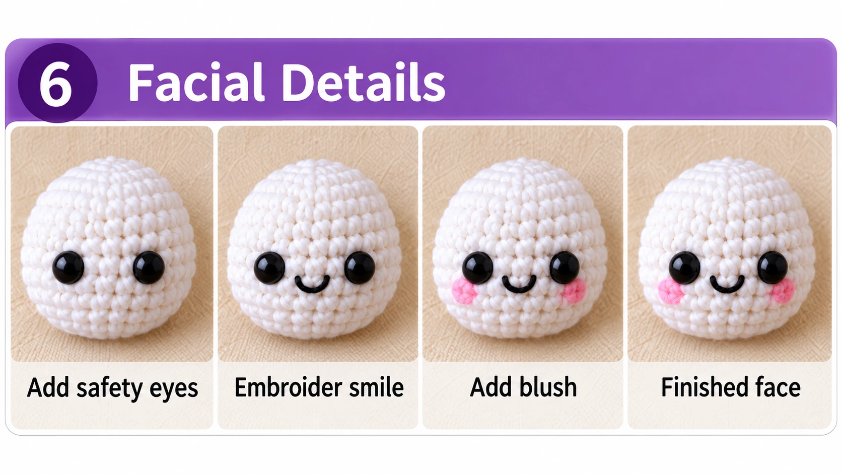 Crochet ghost facial details with eyes smile and pink cheeks