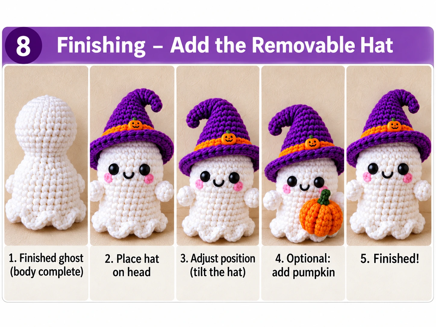 Finishing the no-sew witch ghost by adding the removable crochet hat