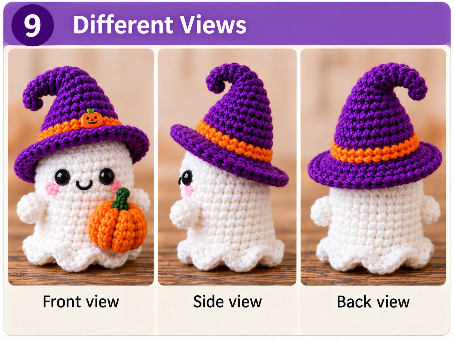 Front side and back views of the finished crochet witch ghost