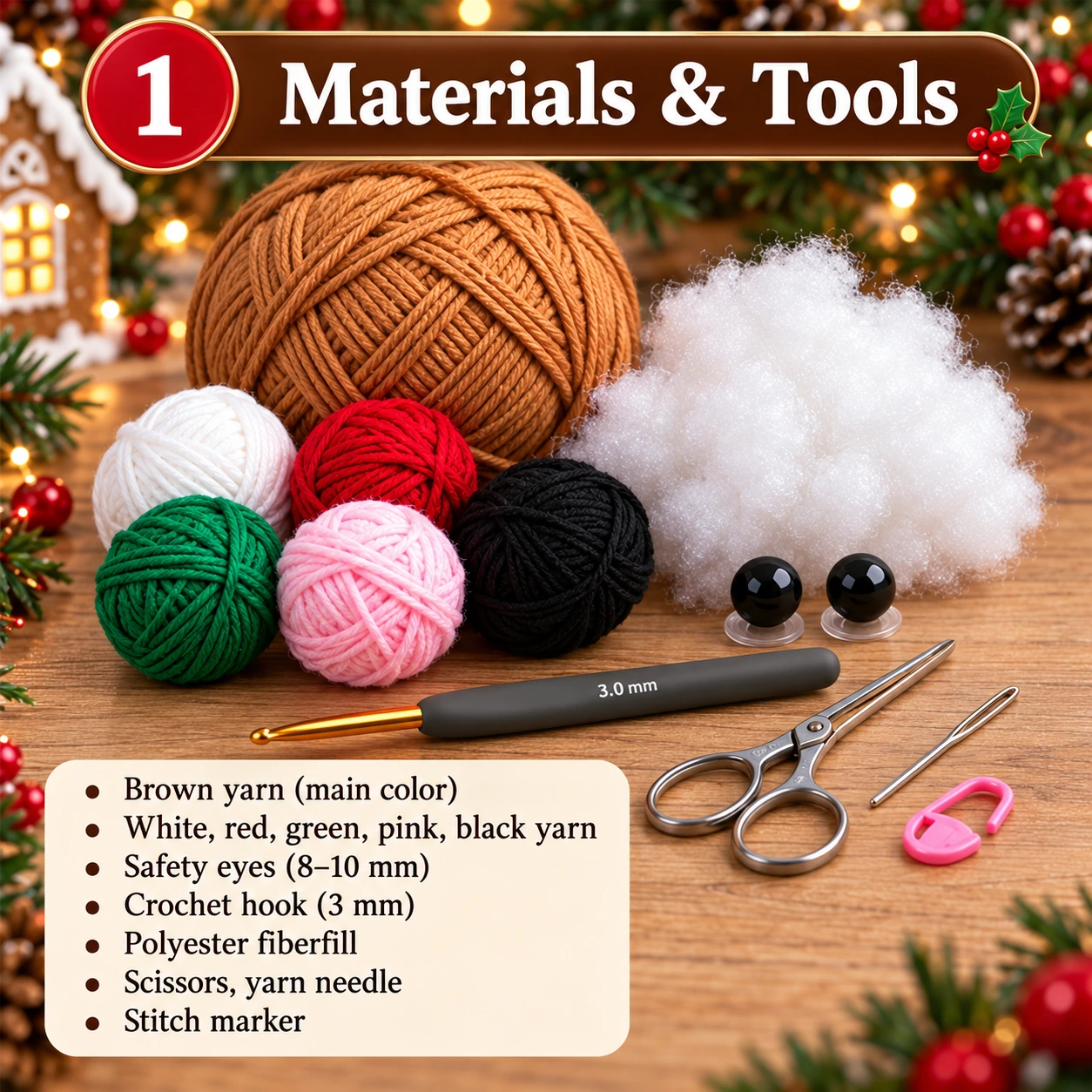 Materials and tools for crochet gingerbread man pattern