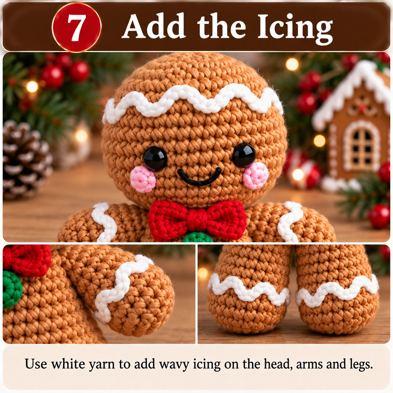 Add white icing details to crochet gingerbread man