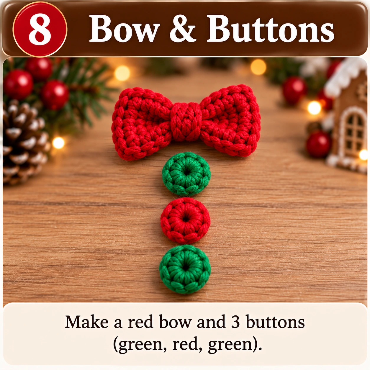 Crochet gingerbread man bow tie and buttons