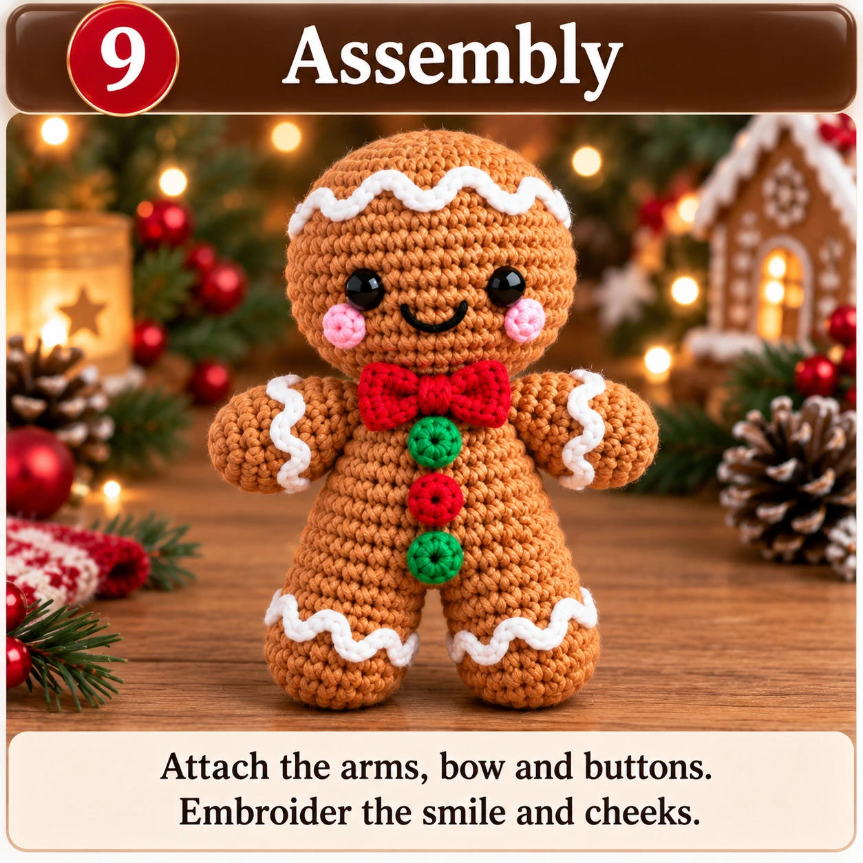 Crochet gingerbread man assembly and finishing