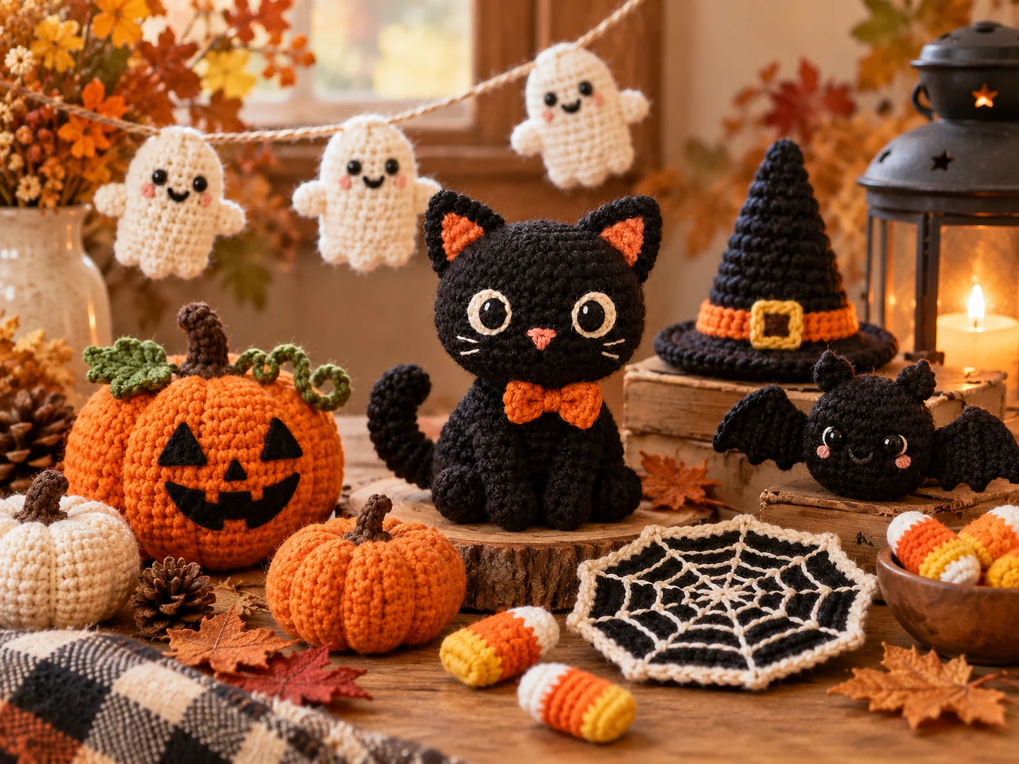 Crochet black cat displayed with coordinating handmade Halloween decorations