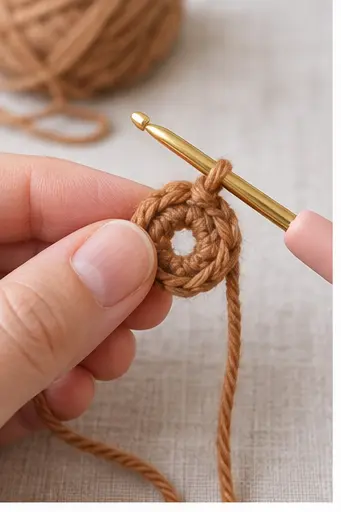 Starting a brown magic ring for the crochet Highland cow head
