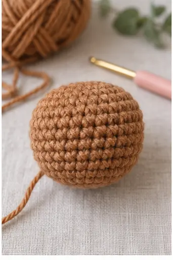 Completed round brown crochet head for a Highland cow