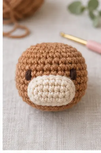 Cream muzzle attached to the brown crochet Highland cow head