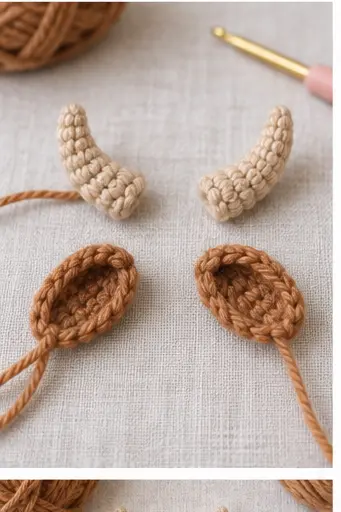 Two crochet horns and ears prepared for a Highland cow