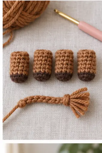 Four matching crochet Highland cow legs and a tassel tail