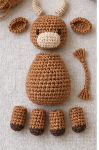 Pinning the crochet Highland cow pieces before final sewing