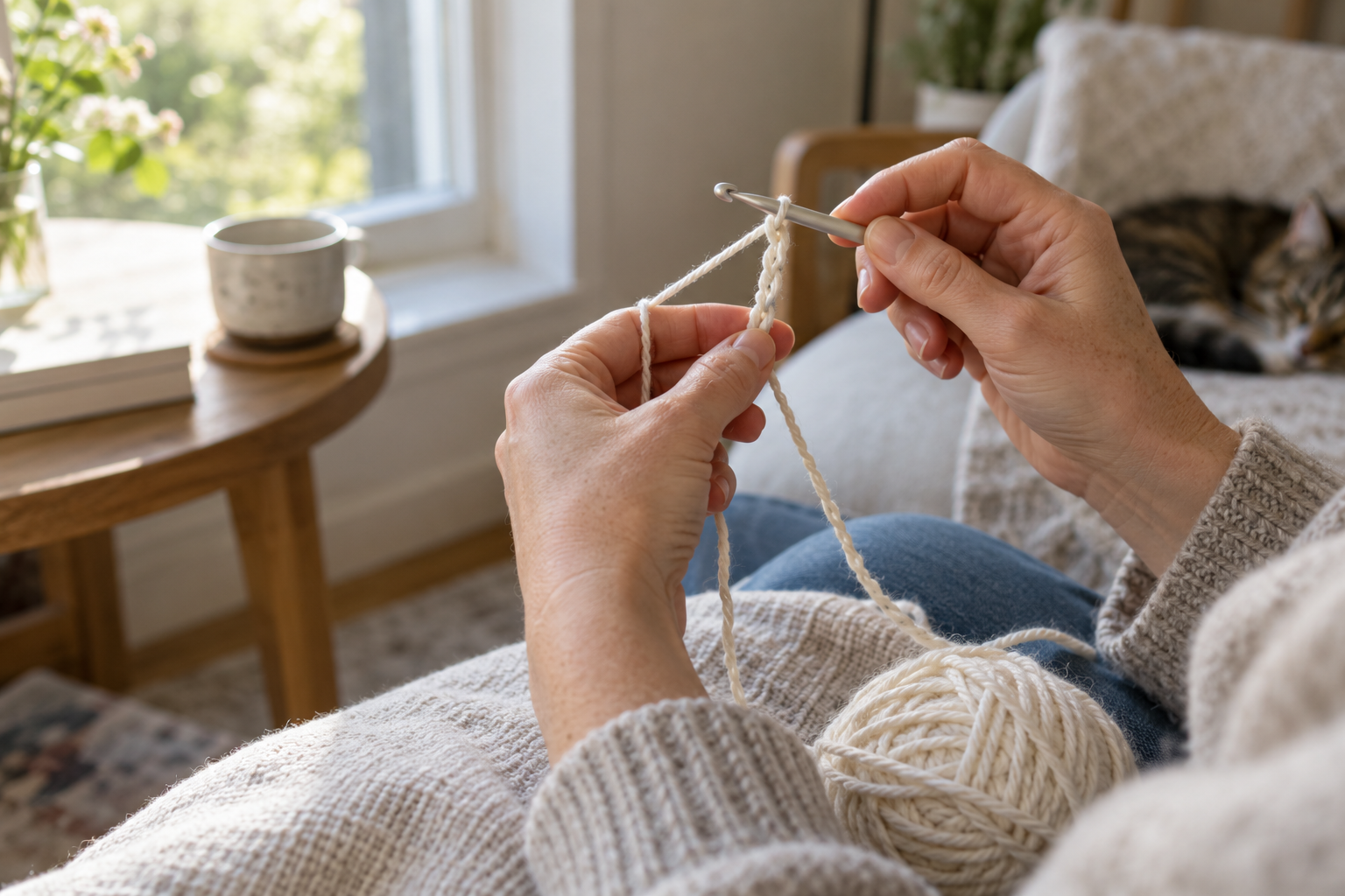 Hands holding a crochet hook and yarn