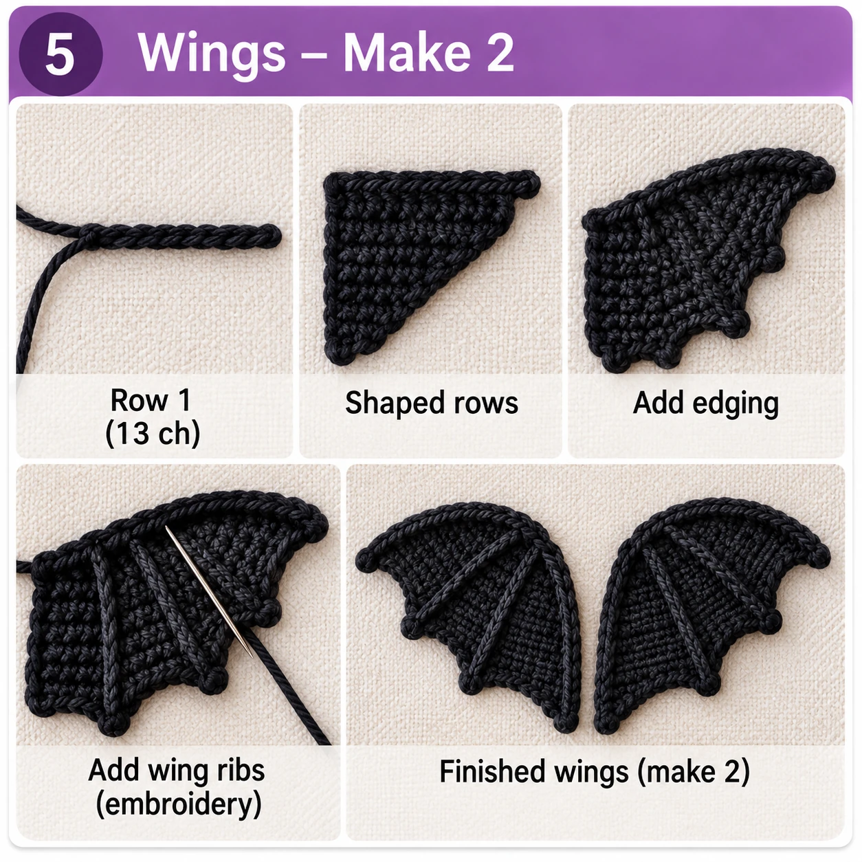 How to crochet black bat wings step by step