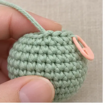 Two adjacent front loops identified on a mint crochet round