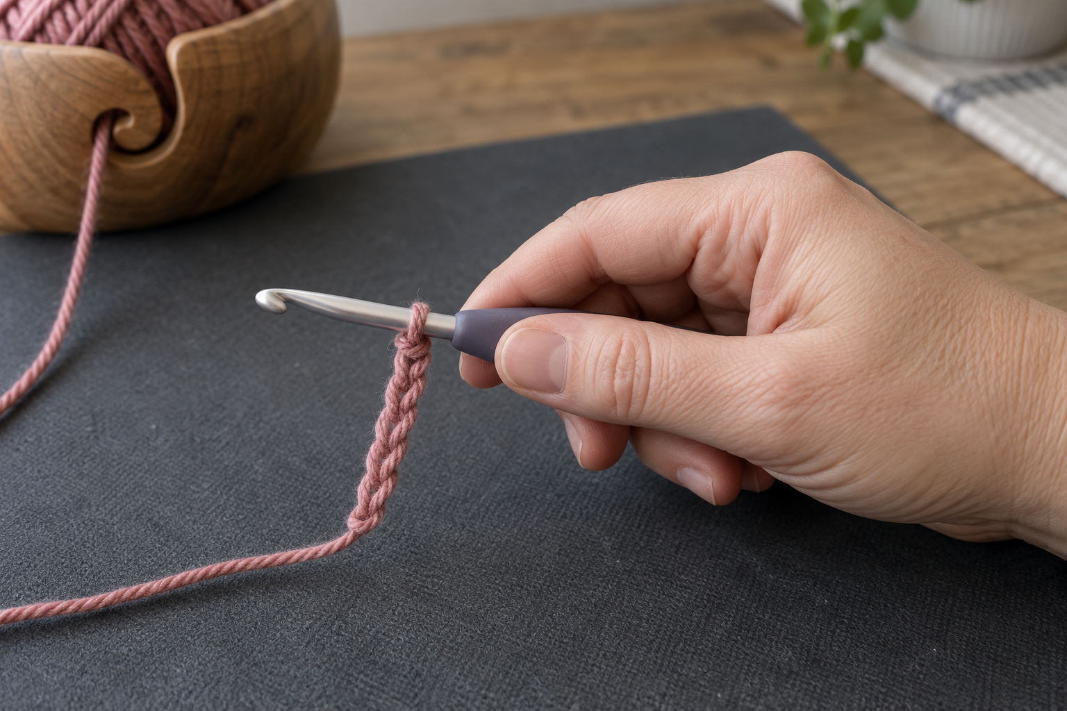 Knife grip crochet hook position