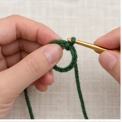 Forest green magic ring starting a crochet Christmas tree
