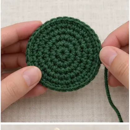 Fiberfill being added to a green crochet tree cone