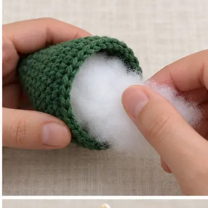 Sewing the flat base onto a stuffed crochet Christmas tree